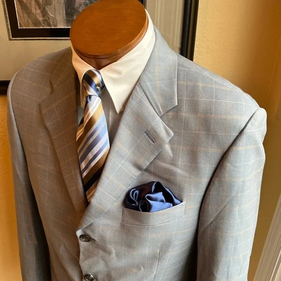 Marzotto Sartoriale Fine Italian Wool Light Blue Windowpane Jacket Size 40R
